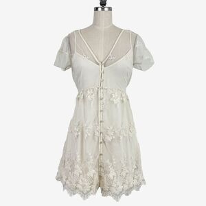 Abercrombie & Fitch Womens XS Slip Dress Floral Lace Ivory Short Sleeve Cottage